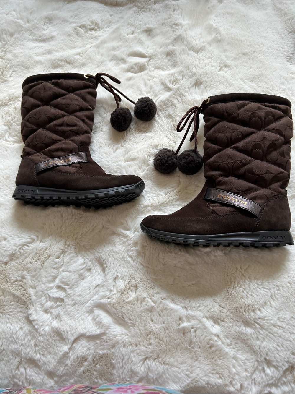 Coach Dark Brown Quilted Pom-Pom Winter Boots